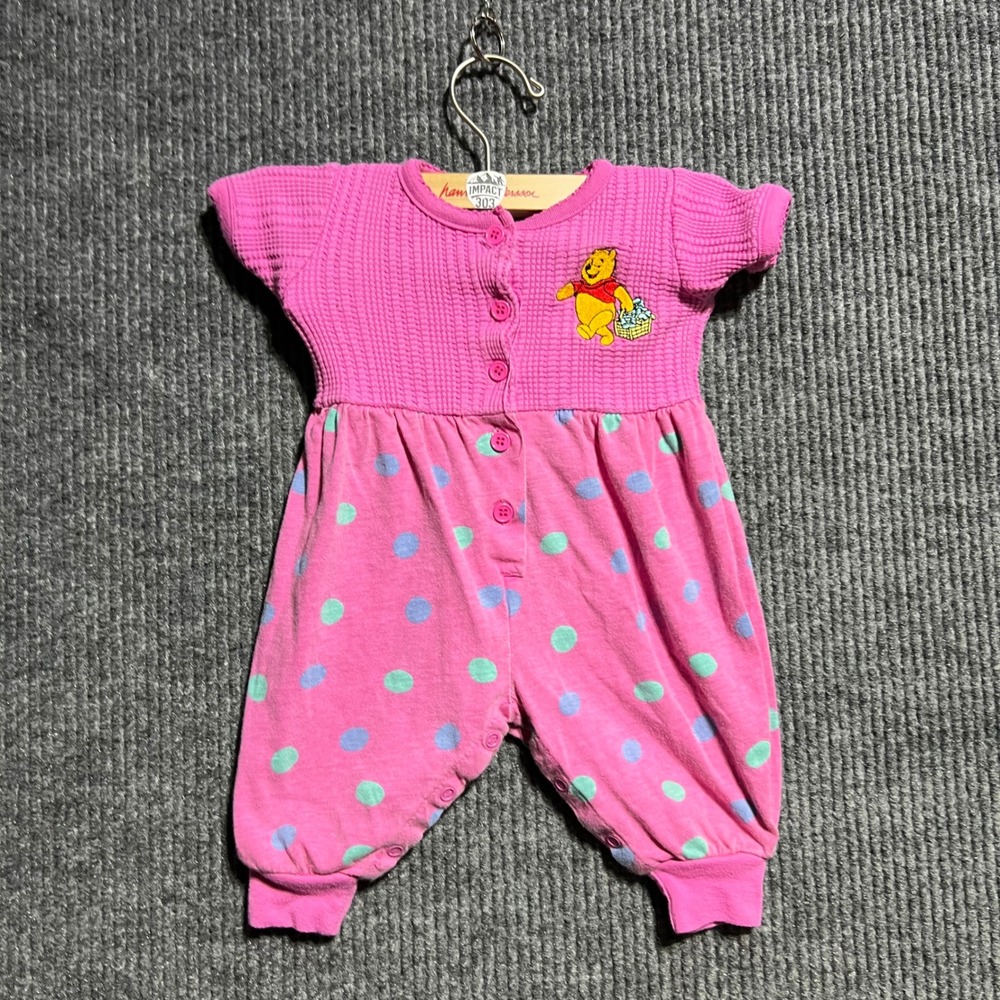 Vintage Winnie The Pooh Romper Kids 9M Pink Polka Dot Waffle Knit Embroidered